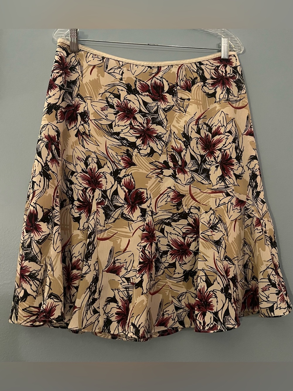 Axcess Beige Midi Skirt with Burgundy Floral Print